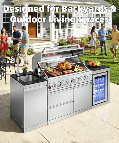 BBQ Outdoor Kitchen Island Grill Barbecue Modular Patio Kitchens Kits with Electric Rotisserie, Sink, fridge, and Burner for More than 10 People