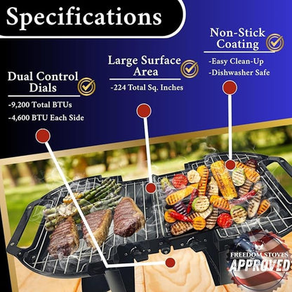 Freedom Stoves Lightweight Portable Gas Grill & Griddle Combo, 9,200 BTU, includes Carrying Tote