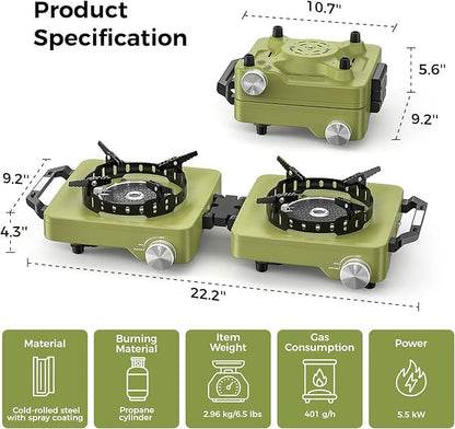 MoKo Propane Camping Stove 2 Burner, 36,000 BTU Infrared & Open Flame Hybrid, Windproof Folding Portable Outdoor Gas Cooking Kit with Frying Pan & Carry Bag For RV, Tailgating, Survival, Green