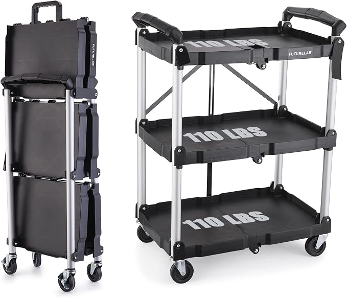 Portable Folding Service Cart - 3 Tier 330LBS Capacity - Rolling Utility Foldable Cart with Wheels for Warehouse Home Workshops Garages Restaurants Offices