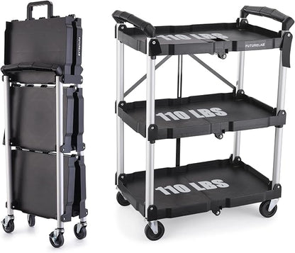 Portable Folding Service Cart - 3 Tier 330LBS Capacity - Rolling Utility Foldable Cart with Wheels for Warehouse Home Workshops Garages Restaurants Offices