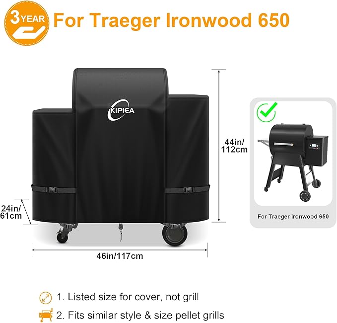 Kipiea Heavy Duty Grill Cover for Traeger Ironwood 650, 600D Oxford Fabric Wood Pellet Smoker Covers Waterproof & Windproof, Pellet BBQ Grill Cover for Outside Anti-UV, No Tear, No Fading