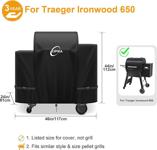 Kipiea Heavy Duty Grill Cover for Traeger Ironwood 650, 600D Oxford Fabric Wood Pellet Smoker Covers Waterproof & Windproof, Pellet BBQ Grill Cover for Outside Anti-UV, No Tear, No Fading