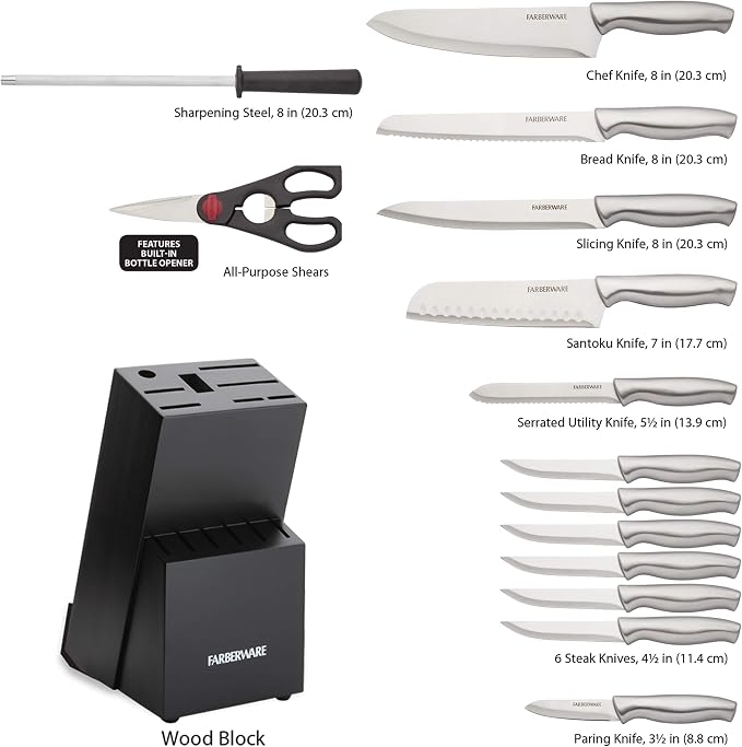 Farberware 15-Piece Knife Block Set, High-Carbon Stainless Steel Kitchen Knife Set with Black Wood Block, Chef Knife, Bread Knife, Santoku, Steak Knives and Sharpening Steel