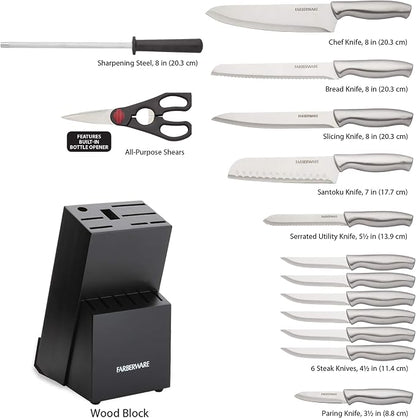 Farberware 15-Piece Knife Block Set, High-Carbon Stainless Steel Kitchen Knife Set with Black Wood Block, Chef Knife, Bread Knife, Santoku, Steak Knives and Sharpening Steel