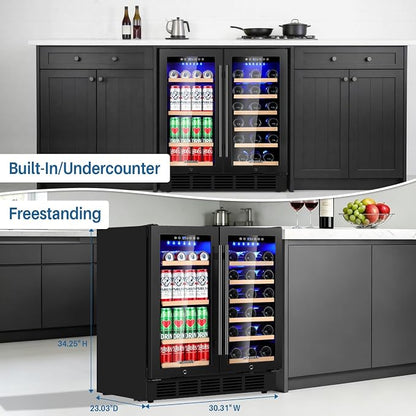 30 Inch Wine and Beverage Refrigerator Dual Zone Wine Fridge Beverage Cooler with Glass Door, Holds 110 Cans and 30 Bottles, Seamless Frame Built In or Freestanding for Home Bar, Kitchen