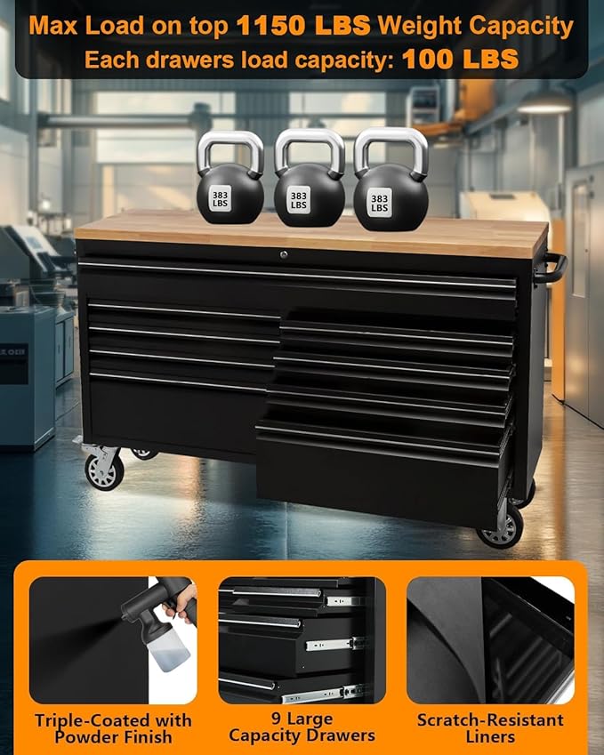 61 Inch Tool Chest, Tool Box Mobile Workbench, 9 Drawers Storage Lockable Rolling Metal Storage Cabinet with 4 Wheels for Garage Workshops Warehouse, Black