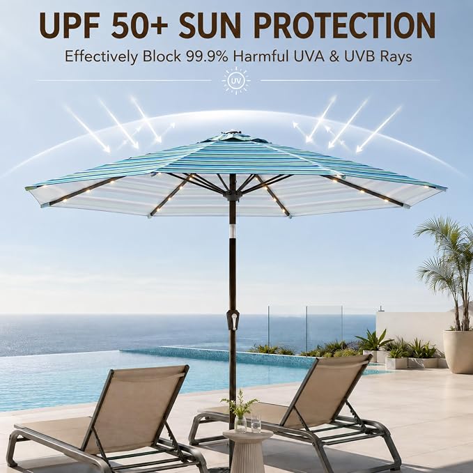 10FT Solar Lighted Patio Umbrella, Outdoor Table Market Umbrellas with Push Button Tilt and Crank, 32 LED Lights, 8 Sturdy Ribs, UV-Resistant for Deck, Garden, Pool