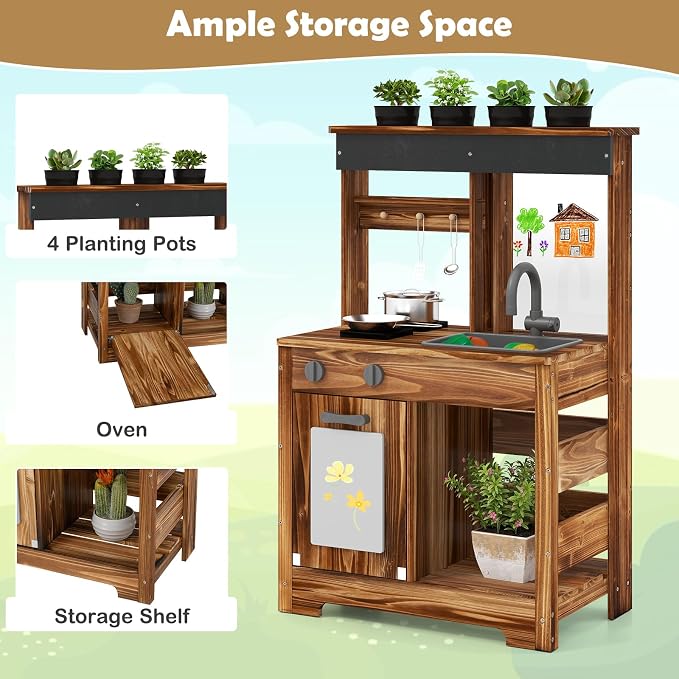INFANS Mud Kitchen, Outdoor Play Kitchen with Drawing Board, 4 Cups, Removable Sink, Storage, Cooking Accessories, Wooden Kids Kitchen Playset Gift for Boys Girls Ages 3+