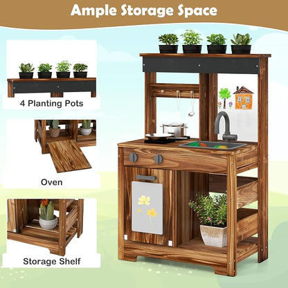 INFANS Mud Kitchen, Outdoor Play Kitchen with Drawing Board, 4 Cups, Removable Sink, Storage, Cooking Accessories, Wooden Kids Kitchen Playset Gift for Boys Girls Ages 3+