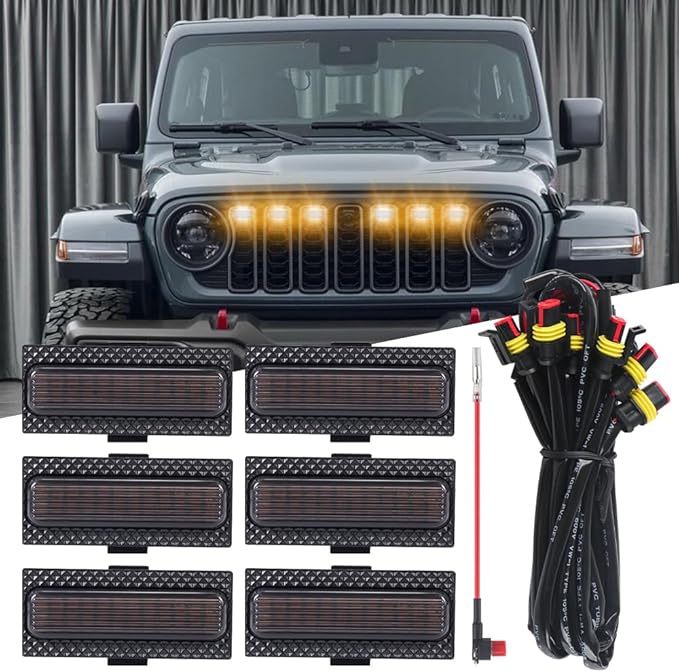 6PCS Grill Lights Fit for Jeep Wrangler 2024 2025, Front Bumper Grille Light Daytime Running Light (Amber)