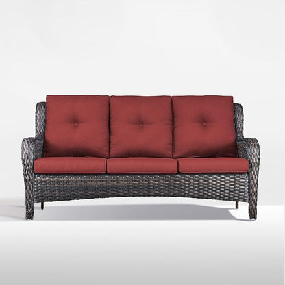 Outdoor Couch All Weather PE Wicker Patio Sofa Outdoor Sofa Deep Seating for Porch Deck Backyard-Brown/Red