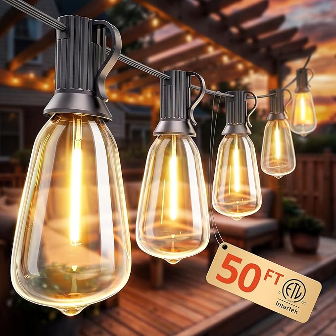VIPAR String Lights Outdoor 50FT LED Patio Lights Outdoor Waterproof with 25+2 Shatterproof ST38 Edison Bulbs, Outside Hanging Light for Porch, Garden, Backyard, Deck, Balcony, Decor, 2700K Dimmable