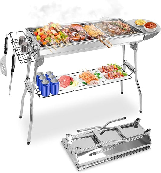 Portable Charcoal Grill, Foldable Camping Barbecue Grill with Storage Shelf, Stainless Steel Outdoor BBQ Grill Table for Garden Backyard Party Picnic Travel