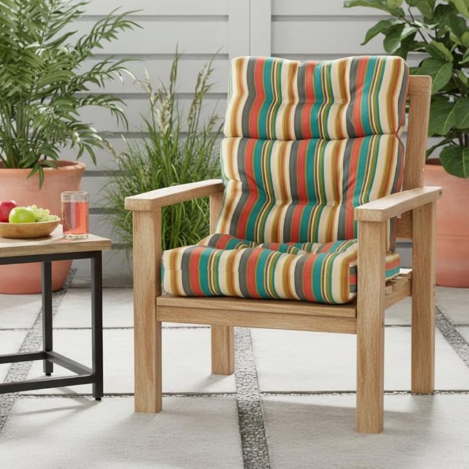 Outdoor Tufted High-Back Chair Cushions, One-Piece Hinged Seat and Back Design, Reversible with 4 Ties, Durable Polyester Fabric, Recycled Fiber Fill - Single, Sunset Stripe - Updated