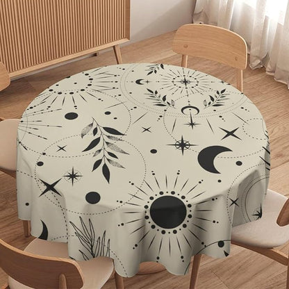 Sun Moon Round Tablecloth Vintage Boho Astrology Star Crescent Galaxy Space Table Cloth Water Resistant Wipeable Table Cover for Farmhouse Picnic Party Holiday Kitchen Dinner Table 36"