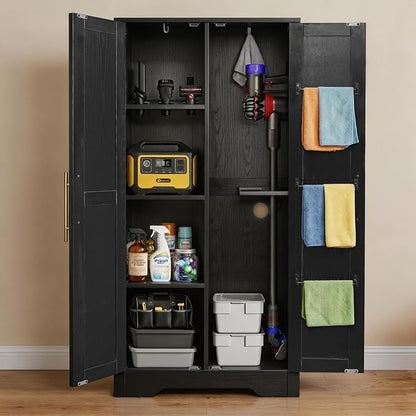 NORTHSKY Wooden Storage Cabinet, 55" Broom Closet & Vacuum Cleaner Holder Compatible with Dyson, Utility Cabinet for Brooms&Mops,Cleaning Cabinet w/Doors for Garage,Laundry,Mudroom,Home Office,Black