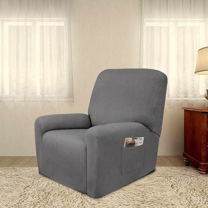 PureFit Stretc Recliner Chair Covers Fleece Soft Couch Covers for Sofa | Light Gray 4-Pieces Recliner Slipcover Pocket Couch Protector, Fleece Sofa Cover Washable with Non Slip Elastic Bottom