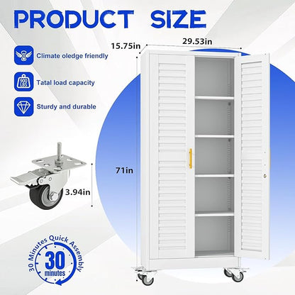 GAIOUS 71”H Metal Garage Storage Cabinet with Lock and Wheels, Metal Storage Cabinets with Louvered Door and 4 Adjustable Shelves, Rolling Tool Cabinet, Utility File Cabinet for Home Office, White