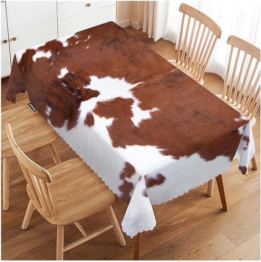 Swono Decorative Rectangle Table Cloth Cowhide, Farm Animal Brown Cowhide Print Cow Polyester Tablecloth Kitchen Table Cover for Dining BBQ Picnic Coffee Table 50x72, 4-6 Seats