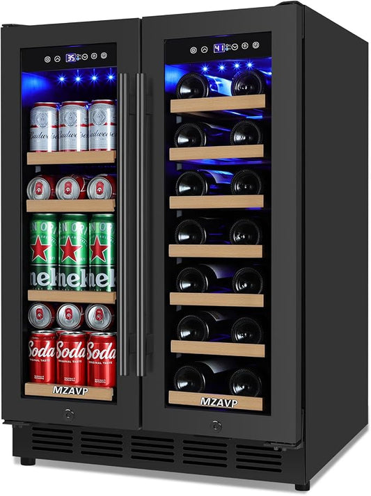 Wine and Beverage Refrigerator 24", Dual Zone Wine & Beverage Cooler with Glass Door and French Door, Built-In/Freestanding Wine and Beer Fridge Holds 21 Bottles & 88 Cans for Home/Bar - Black