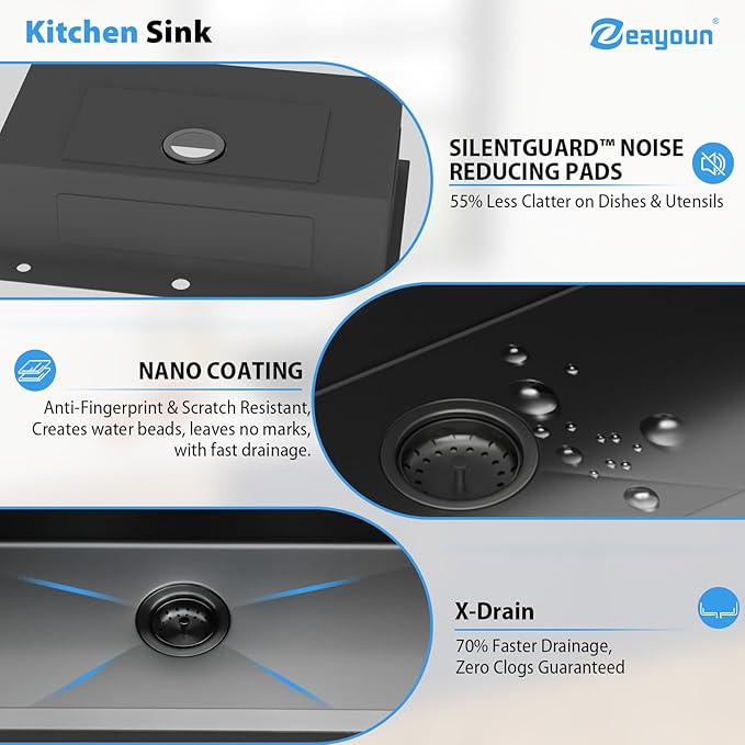 33 Inch Gunmetal Black Drop In Kitchen Sink 33 x 22 Kitchen Sink 18 Gauge Stainless Steel Single Bowl Topmount Sink with Nano Coating, 33x22x9