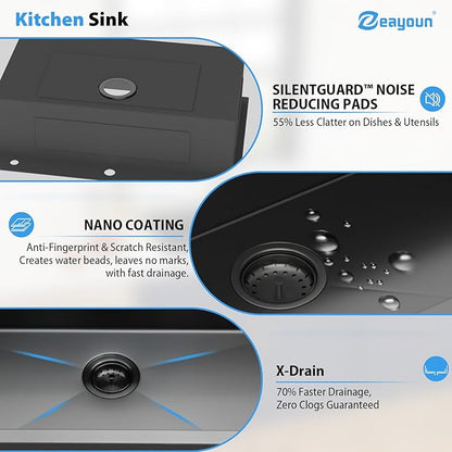 33 Inch Gunmetal Black Drop In Kitchen Sink 33 x 22 Kitchen Sink 18 Gauge Stainless Steel Single Bowl Topmount Sink with Nano Coating, 33x22x9