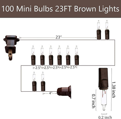 100 Clear Mini Brown Wire Christmas Lights 23ft Incandescent Waterproof UL Certified Fairy String Lights for Outdoor Indoor Home Party Holiday Xmas Tree Decoration