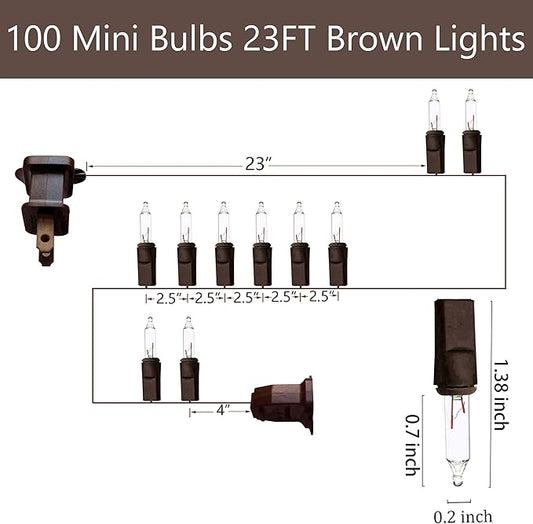 100 Clear Mini Brown Wire Christmas Lights 23ft Incandescent Waterproof UL Certified Fairy String Lights for Outdoor Indoor Home Party Holiday Xmas Tree Decoration