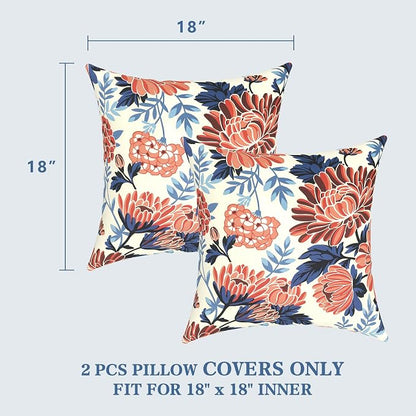 LVTXIII 2 Pack Outdoor Pillow Covers ONLY 18x18 Inch, Water-Repellent Square Decorative Cushion Covers for Patio Furniture, Garden, Sofa, Vibrant Blossom