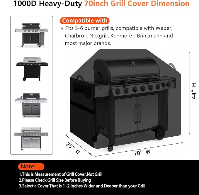 70" BBQ Grill Cover for Outdoor Grill 1000D Heavy Duty Waterproof | Fits Most 5-6 Burner Weber Char-Broil Nexgrill Kenmore Gas Grills,Tear & Fade Resistant Equipped with Buckles, Air Vent