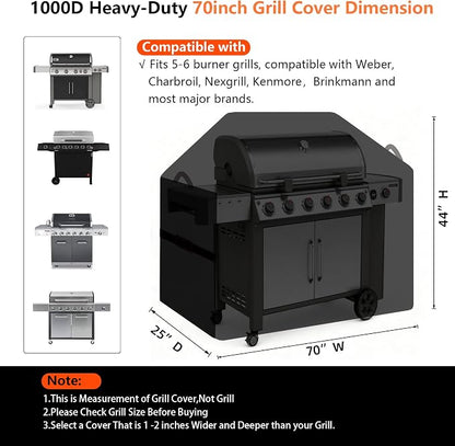 70" BBQ Grill Cover for Outdoor Grill 1000D Heavy Duty Waterproof | Fits Most 5-6 Burner Weber Char-Broil Nexgrill Kenmore Gas Grills,Tear & Fade Resistant Equipped with Buckles, Air Vent