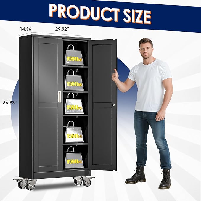 erosoei 71" H Metal Garage Storage Cabinet, Rolling Tool Cabinet with 2 Doors and Wheels, Locker Steel Cabinet with 4 Adjustable Shelves, Organization Cabinet for Garage,Office,Home,Gym,School