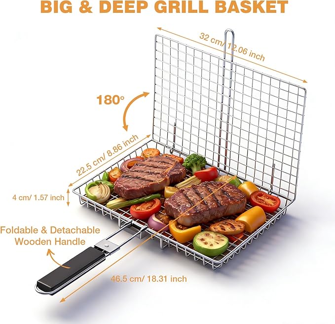 Fish Grill Basket, Folding Stainless Steel Fish Grilling Rack for Grill, Outdoor Camping BBQ Grilling Basket for Fish, Shrimp, Vegetables, Steak & Meat, with Portable Removable Handle, and Carry Bag, Gifts for Men,Dad, Husband