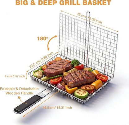 Fish Grill Basket, Folding Stainless Steel Fish Grilling Rack for Grill, Outdoor Camping BBQ Grilling Basket for Fish, Shrimp, Vegetables, Steak & Meat, with Portable Removable Handle, and Carry Bag, Gifts for Men,Dad, Husband