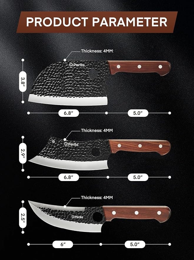 D.Perlla Butcher Knife set 3PCS Chef Knife Set for Meat Cutting, Serbian Chef Knives Set and Viking Knife with Wooden Handle, Cleaver knive Set for Outdoor BBQ and Camping with Gift Box