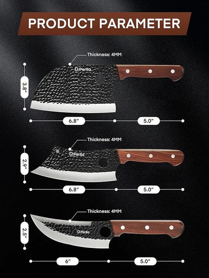 D.Perlla Butcher Knife set 3PCS Chef Knife Set for Meat Cutting, Serbian Chef Knives Set and Viking Knife with Wooden Handle, Cleaver knive Set for Outdoor BBQ and Camping with Gift Box