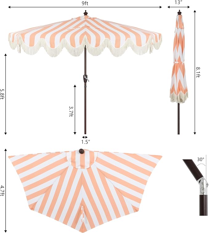 JONATHAN Y Beverly 9 ft. Striped Half Umbrella, Coral Pink/Dark Brown | Coastal Scalloped Fringe, Crank Lift, 30 Degree Manual Tilt, UV 50 Polyester Canopy, Aluminum Frame, Space Saving Design