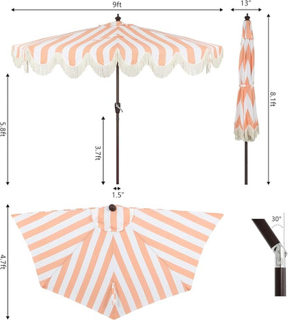 JONATHAN Y Beverly 9 ft. Striped Half Umbrella, Coral Pink/Dark Brown | Coastal Scalloped Fringe, Crank Lift, 30 Degree Manual Tilt, UV 50 Polyester Canopy, Aluminum Frame, Space Saving Design