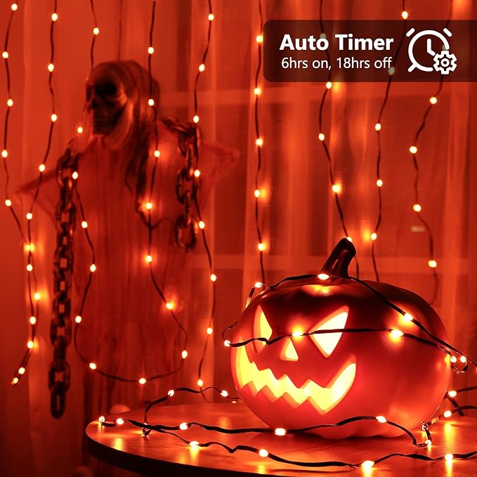 Brizled 2 Pack 50 LED Orange Halloween String Lights Battery Operated | 8 Modes Fall Lights with Timer, Orange Fairy Lights Black Wire Battery Powered for Indoor Outdoor Autumn Thanksgiving Decor