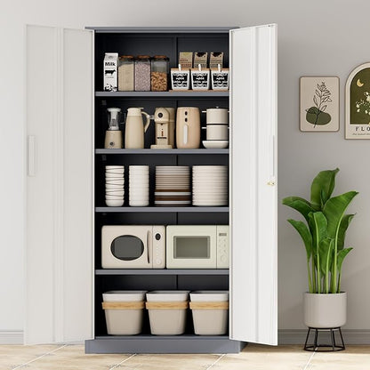 INTERGREAT Metal Storage Cabinet, 72" H Lockable Steel Cabinets with Locking Doors, Storage Locker with Adjustable Shelves for Office, Home, Garage, Gym, School (White Grey)
