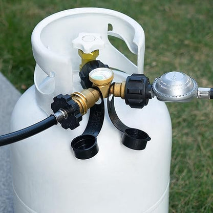 GASPRO Propane Splitter with Gauge, Propane Tank Splitter 2 Way for 5-40LB, Perfect for Heaters, Camping Stoves, BBQ Grills, Gas Burners and More
