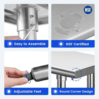 Hally Stainless Steel Table for Prep & Work 14 x 36 Inches NSF Commercial | Metal Heavy Duty Workbench, Adjustment Undershelf, for Kitchen, Restaurant, Home, Hotel, Garage, Pizza Oven, Galvanized Legs