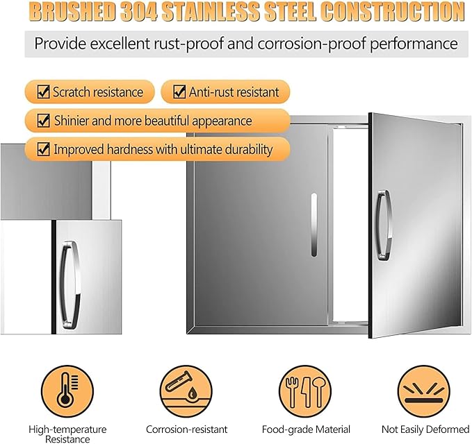 Outdoor Kitchen Doors 30W x 21H Inch, Double BBQ Access Doors 304 Stainless Steel for Outdoor Kitchen Cabinet Grill Station or BBQ Island