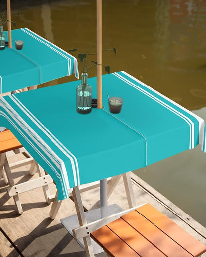 QueenKer Outdoor Tablecloth with Umbrella Hole, Farmhouse Aqua White Stripe Square Tables Waterproof Tabletop Collection for Patio, Garden, Picnic, Camping, Dining 60 x 60 inch
