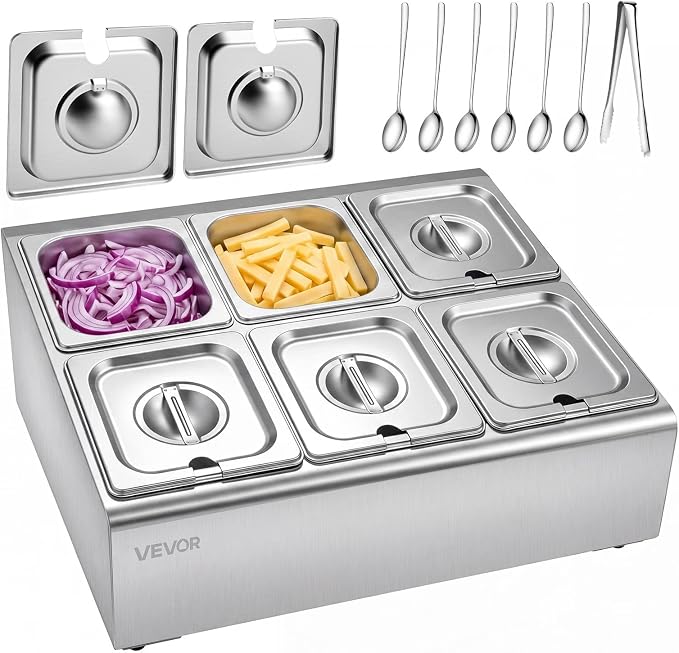 VEVOR Countertop Food Serving Display Container, Stainless Steel Food Salad Server Tray, Buffet Condiment Dispenser, Ice Cooled Rack with Separate Lid, for Restaurant Hotel Kitchen Party (6x1/6 Pan)