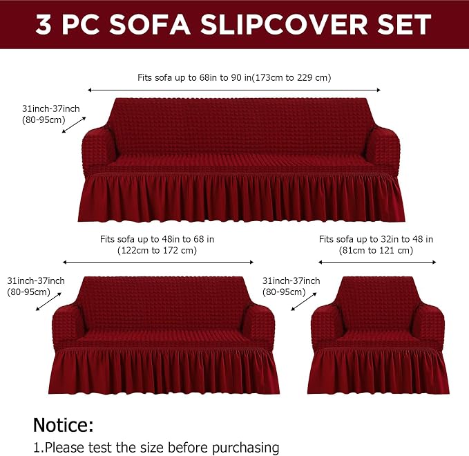 Fanfanwin 3 Pcs Sofa Slipcover Set for Couch Cushion Durable Washable High Elastic Stretchable Furniture Couch Covers with Skirt for Sofa Loveseat Arm Chair(Burgundy,Seersucker)