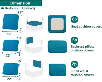 Outdoor Cushion Covers Replacement 14 Pcs, Teal | Patio Cushion Covers fit for 7Pieces 6-Seater Wicker Rattan Sectional Couch Sofa Outdoor Cushion Slipcovers Set
