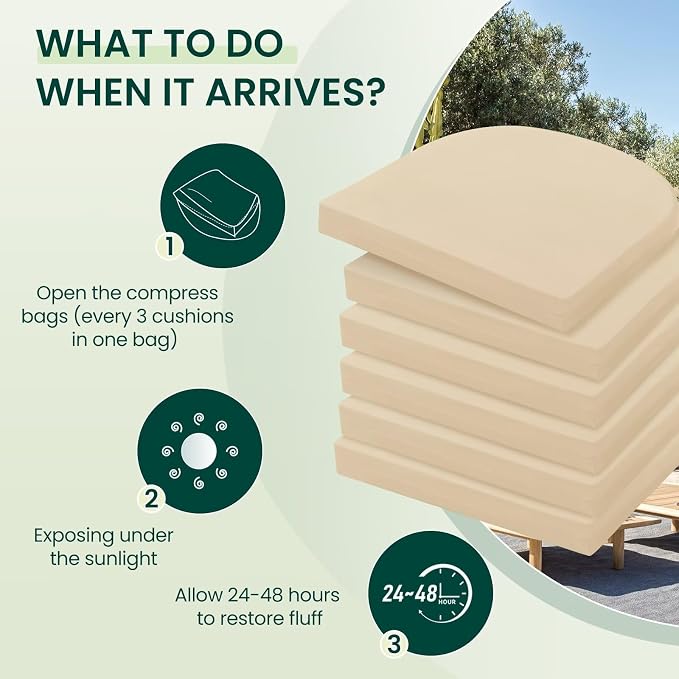 HARBOREST Outdoor Chair Cushions Set of 6, Water Resistant Patio Chair Cushions with Ties, Outdoor Seat Cushions for Patio Furniture, 17"x16"x2", Beige