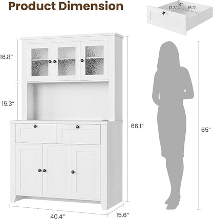Pantry Cabinet with Charging Station, Farmhouse Kitchen Pantry Storage Cabinet with Countertop, Large Kitchen Hutch with Storage Drawers and Adjustable Shelves & Water Ripple Design for Dining Room,